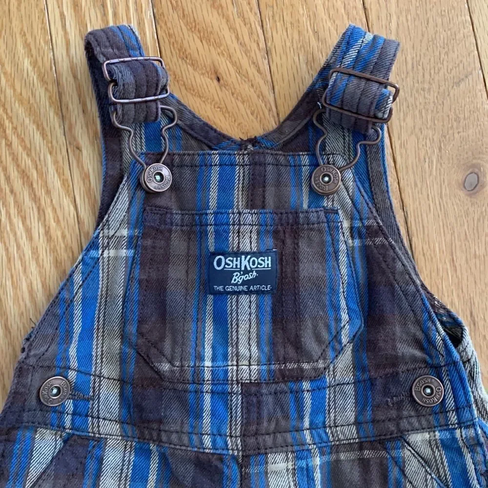 OshKosh B’Gosh‎ Vintage Vestbak Brown Plaid Baby Boy Bib Overalls size 3 month’s